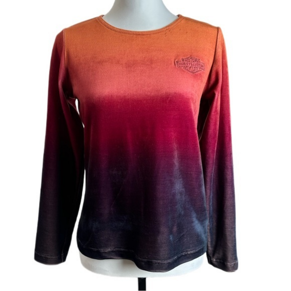Harley-Davidson Ombre Gradient Velour Long‎ Sleeve Top Orange Womens XS